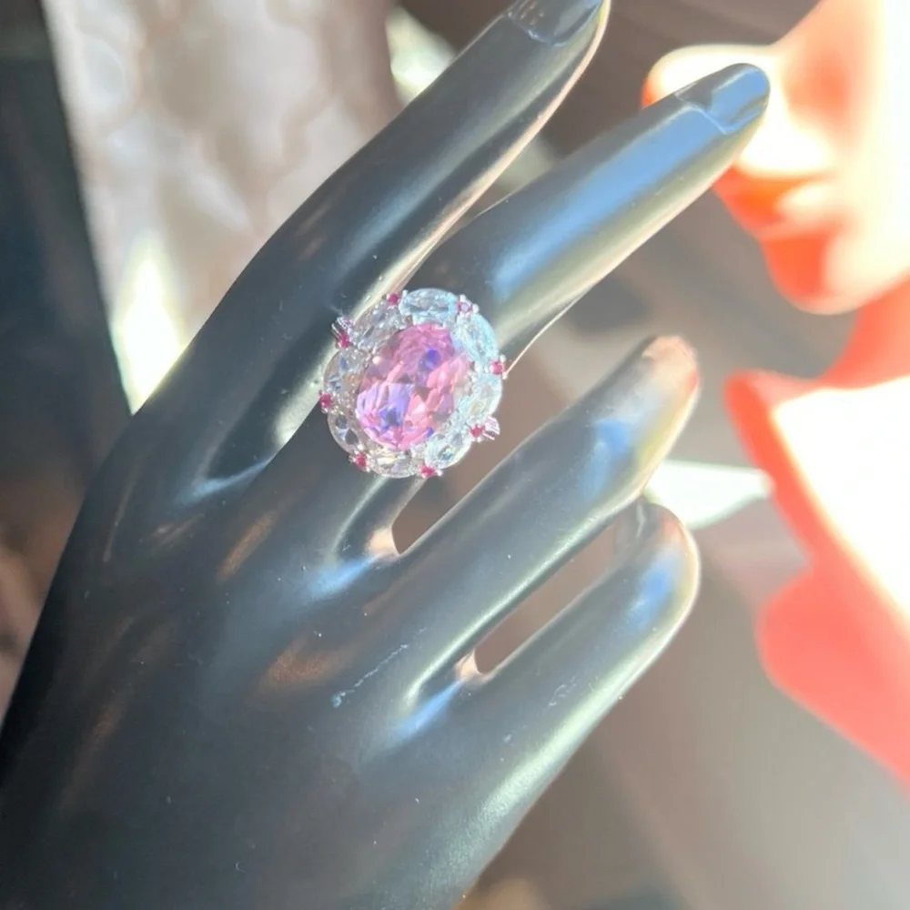 Brilliant finish oval amethyst 6.2CT silver ring with swarovski elements